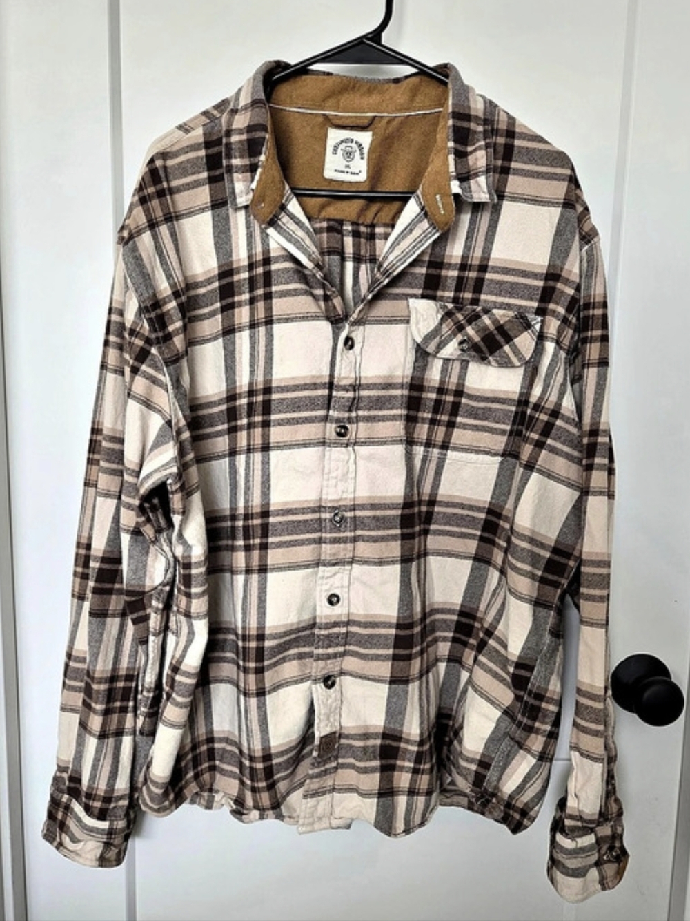 Customized Version Flannel Plaid Cotton Shirt in Brown & Cream. Size 2XL. #SW